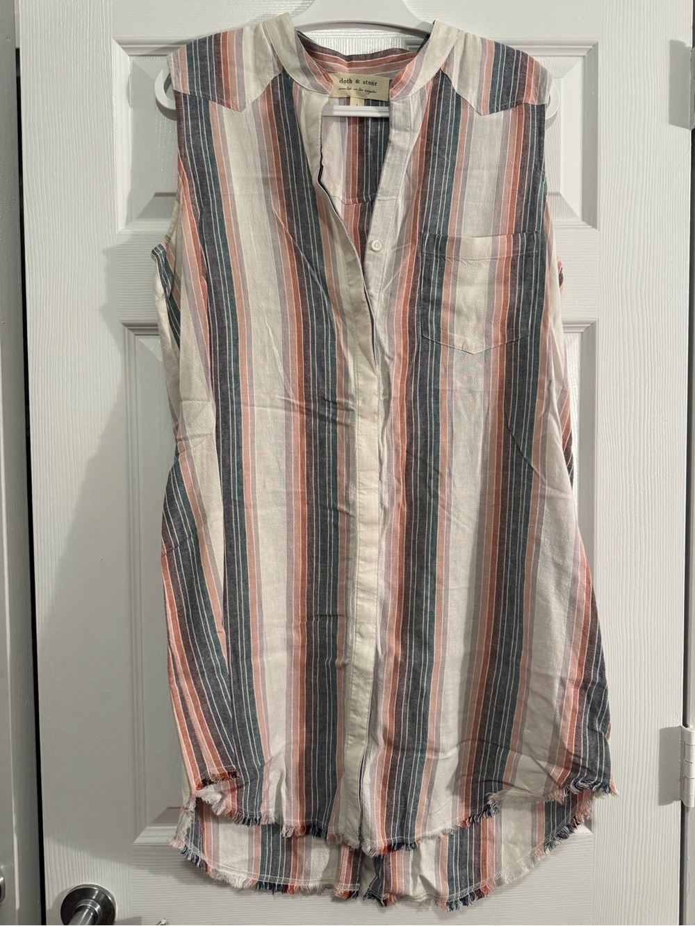 cloth & stone Sleeveless Striped Shirt Dress in Cream, Coral & Navy